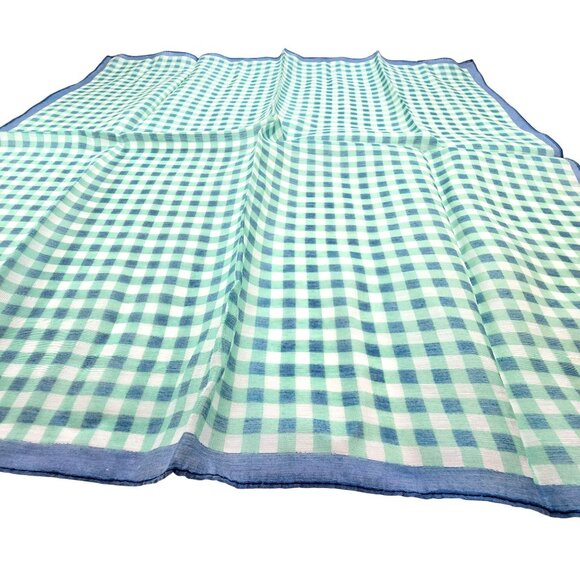 Vintage Japanese Checkered Scarf Rayon/Nylon Blue Green 20" JJ3798 - Picture 8 of 8